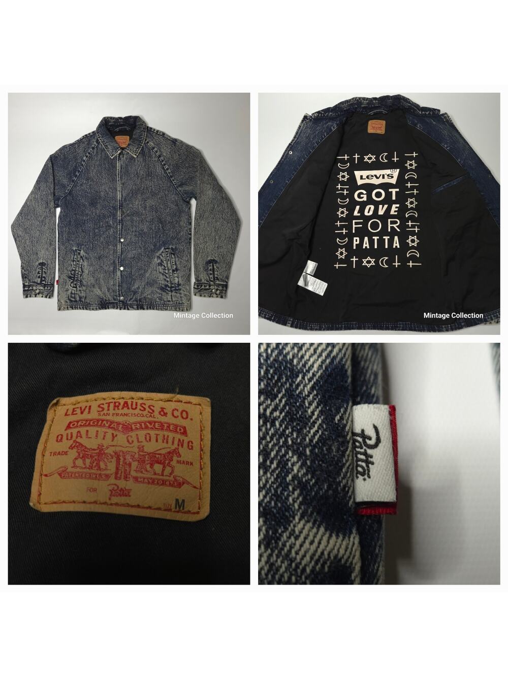 PATTA x LEVI'S LEVIS ACID WASH DENIM JEAN COACHES JACKET LINED SNAP BUTTON Sz M